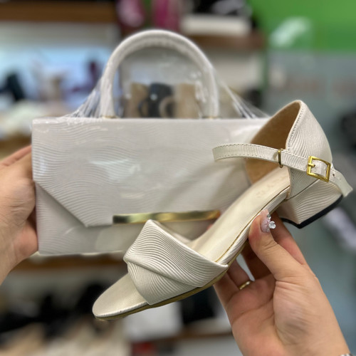 ست کیف و کفش مجلسی سفید عروس پاشنه ۳ سانت