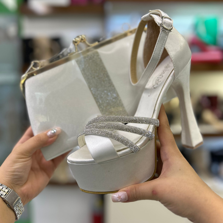 خرید ست کیف و کفش پاشنه ۱۵ سانتی مجلسی سفید عروس