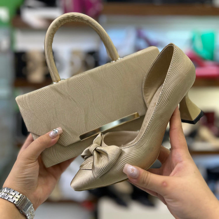 خرید ست کیف و کفش مجلسی کرم پاپیونی ساتن