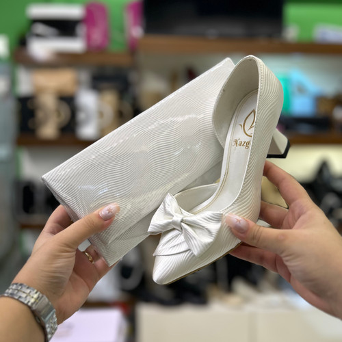 خرید ست کیف و کفش سفید پاپیونی عروس