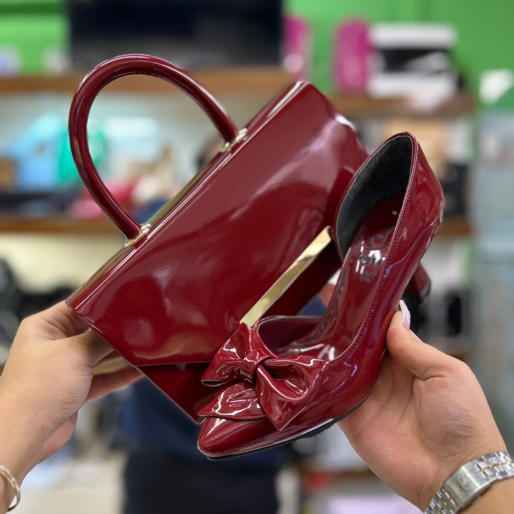 خرید ست کیف و کفش زنانه مجلسی زرشکی پاپیونی