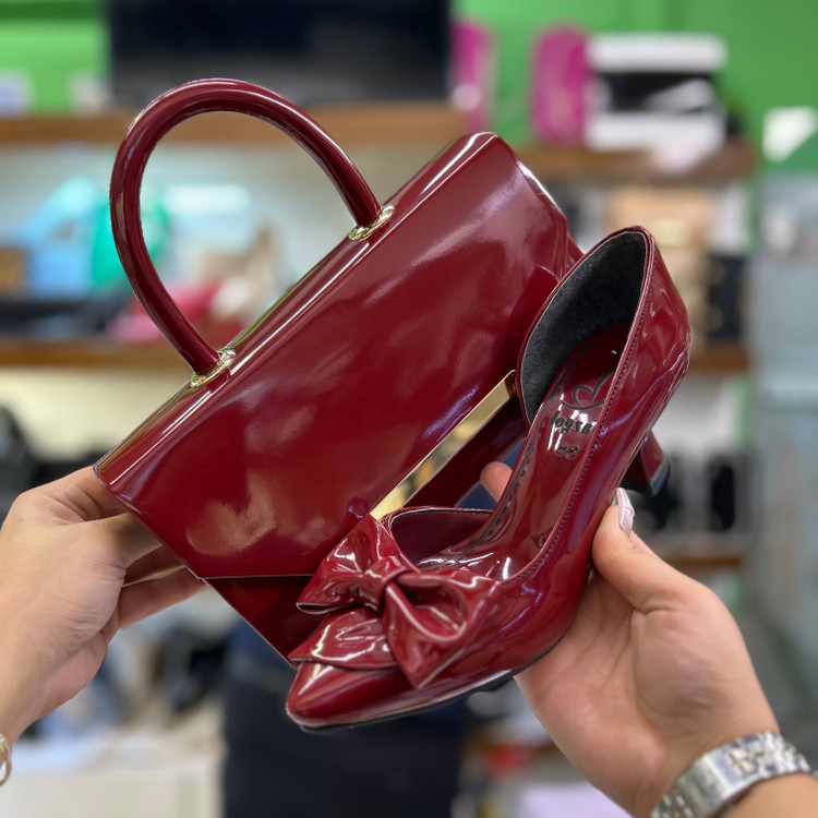 عکس ست کیف و کفش زنانه مجلسی زرشکی پاپیونی