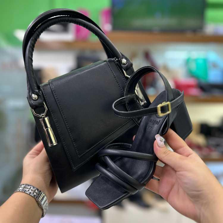 خرید ست کیف و کفش صندل جلو باز زنانه مشکی