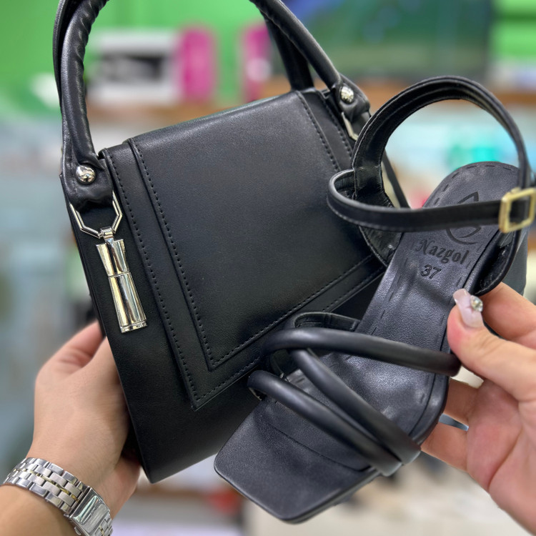 عکس و قیمت ست کیف و کفش صندل جلو باز زنانه مشکی