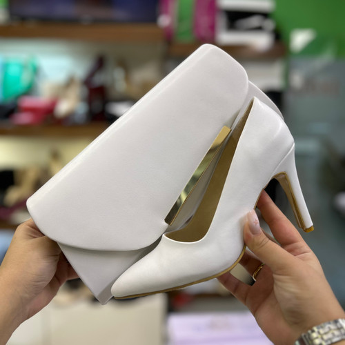 خرید ست کیف و کفش مجلسی زنانه پاشنه میخی قالب ترک رنگ سفید