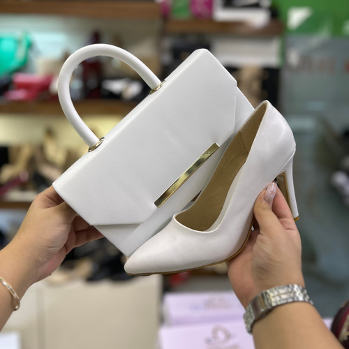 خرید ست کیف و کفش مجلسی زنانه پاشنه میخی قالب ترک رنگ سفید