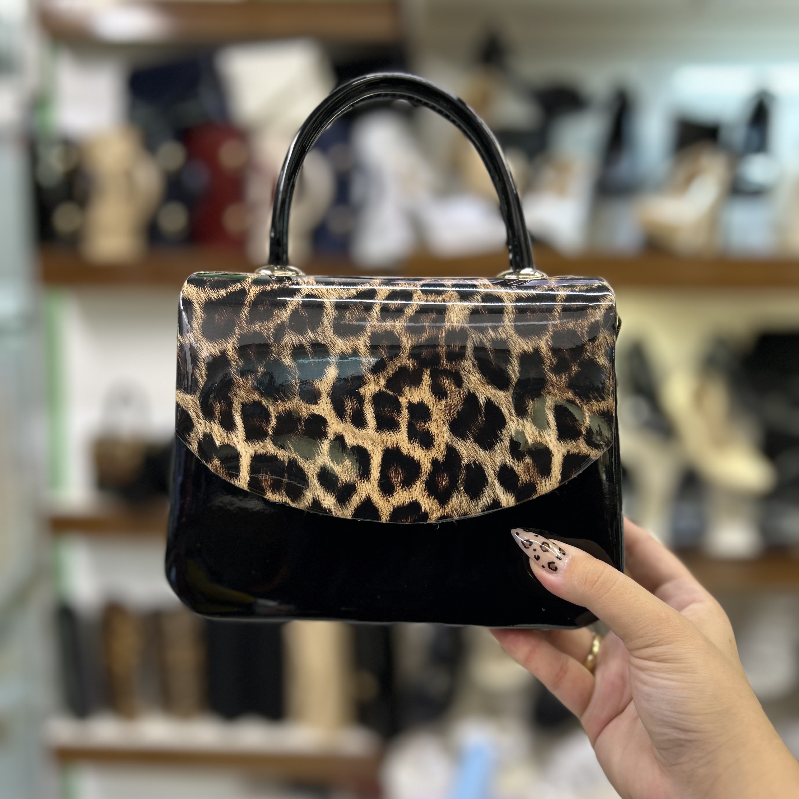 کیف دسته دار مجلسی زنانه پلنگی ورنی کد 66/۶